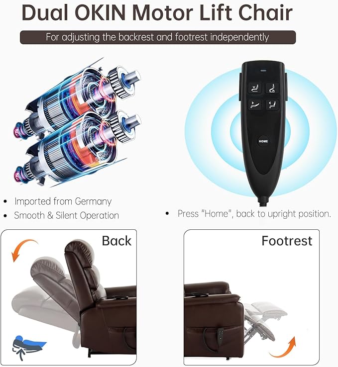 Lay Flat Lift Chair with Heat and Massage, Dual Motor Recliner with Infinite Position, Up to 350 LBS Electric Power Lift, Red Brown Leather