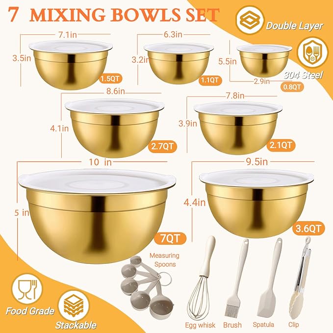 7 Pack Gold Mixing Bowls Set with 5 PCS Kitchen Accessories, Stainless Steel Nesting Mixing Bowls with Airtight Lids, Baking, Prepping and Serving Food, Stackable Size 7,3.6,2.7,2.1,1.5,1.1,0.8QT