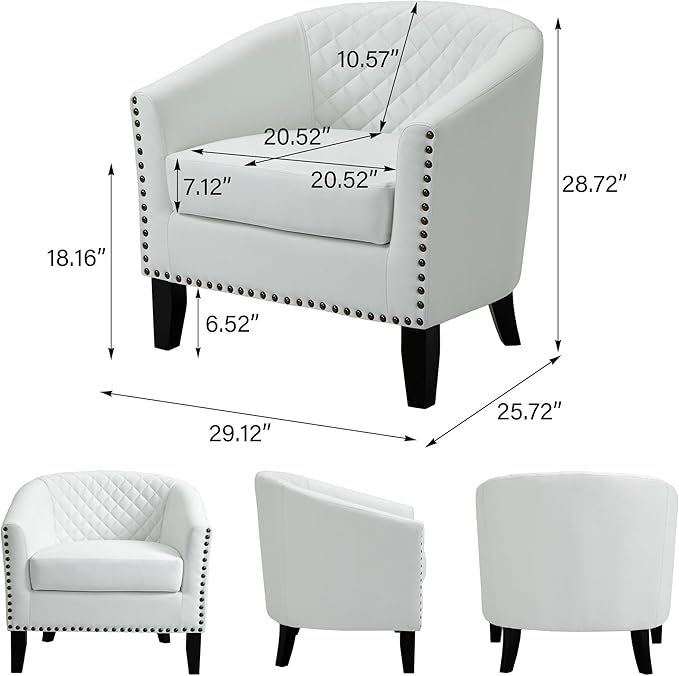 Accent Barrel Chair, Upholstered Faux Leather Club Chair with Nailed Trim, Comfy Reading Armchair for Living Room Bedroom Reception Room Office (White, Set of 4)