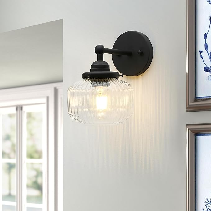 Yosoan 1-Light Indoor Modern Wall Sconce, Vanity Modern Single Vintage Industrial Wall Mount Fixture Lights with Clear Striped Glass Shade Lamp for Bathroom Kitchen Mirror Bedroom Dinning Room(Black)