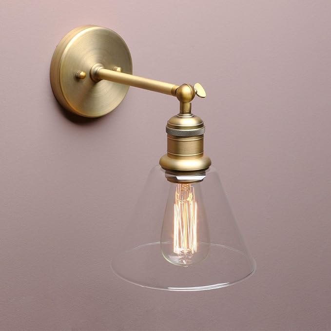 Yosoan Indoor Wall Sconce Fixture Light, 1-Light Modern Single Antique Brass Vintage Industrial Hardwired with Funnel Flared Clear Glass Shade Lamp for Bathroom Sink Porch Kitchen Living Room(Antique)