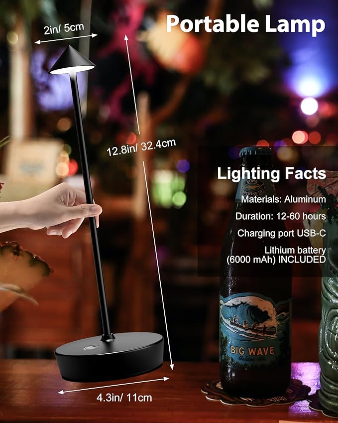 Cordless Table Lamps Rechargeable, 6000mAh Battery Operated LED Desk Lamp Outdoor Waterproof Portable Touch Dimmable Table Night Light for Patio Restaurant Dining Home Black