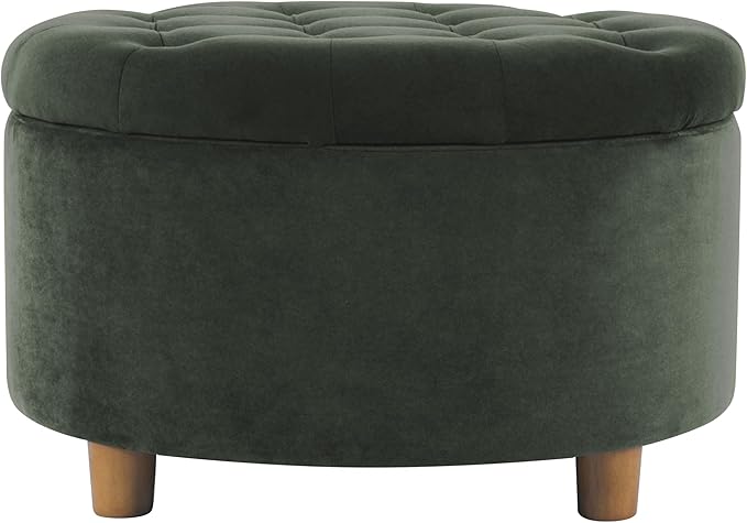 HomePop Home Decor | Large Button Tufted Velvet Round Storage Ottoman | Ottoman with Storage for Living Room & Bedroom, Loden Green Velvet, 28"