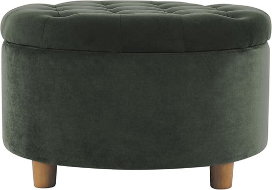 HomePop Home Decor | Large Button Tufted Velvet Round Storage Ottoman | Ottoman with Storage for Living Room & Bedroom, Loden Green Velvet, 28"