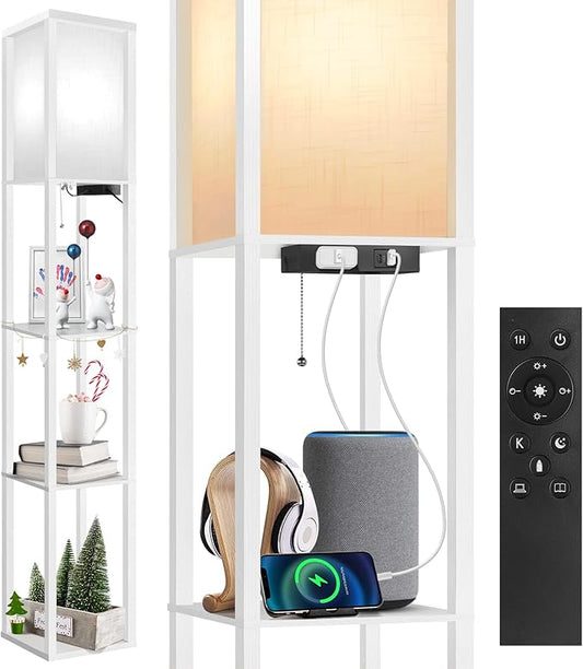 OUTON Floor Lamp with Shelves, Dimmable Shelf Floor Lamp with Remote, 1USB & 1 Type C Ports, 1 Power Outlet, Modern Standing Lamp with 4 Color Temperature for Living Room, Bedroom, White