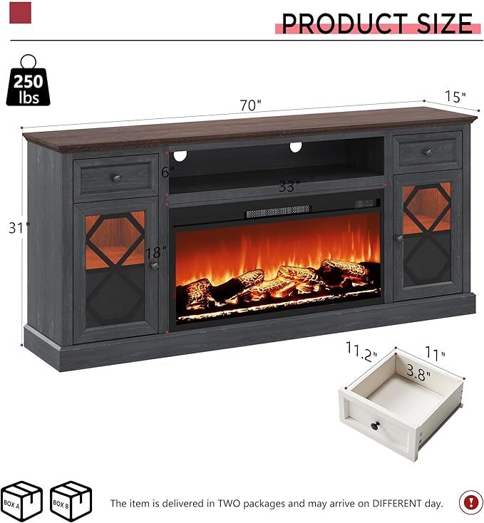 Farmhouse 70" Fireplace TV Stand with 37" Electric Fireplace, Large LED Entertainment Center with Storage for 80" TVs, TV Console Cabinet with Diamond Door for Living Room, Dark Grey