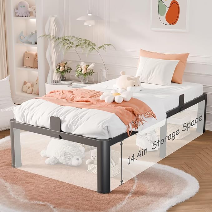 16 Inch Twin Bed Frame with Rounded Corner and Headboard Hole Mattress Retainers 3500 lbs Heavy Duty Support Metal Platform Bed Frame Noise Free No Box Spring Needed Easy Assembly