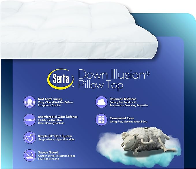 SERTA Down Illusion Soft Hypoallergenic 2 inch Pillowtop Simple Fit Mattress Topper, California King, White