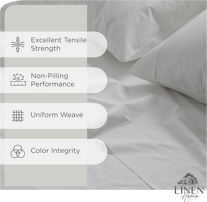 Linen Home 100% Cotton Percale Sheets King Size, White, Deep Pocket, 4 Pieces Set - 1 Flat, 1 Deep Pocket Fitted Sheet and 2 Pillowcases, Crisp Cool and Strong Bed Linen