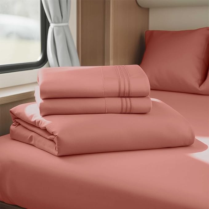 Clara Clark Bed Sheets, Premier 1800 Series 4 Piece RV Queen Sheet Set, Luxury Soft Sheets for RV Bunks, Short Queen - Pink Clay