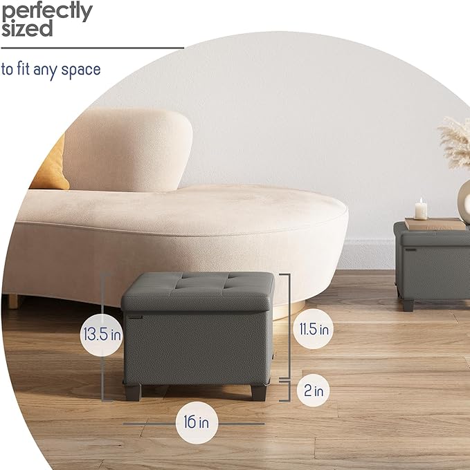 STORAGEBUD Storage Ottoman Cube with Small Bin, 16-in Square Ottoman with Storage for Living Room and Bedroom, Small Ottomans Foot Rest, Faux Leather Foot Stools Ottomans Max 330lbs, Grey