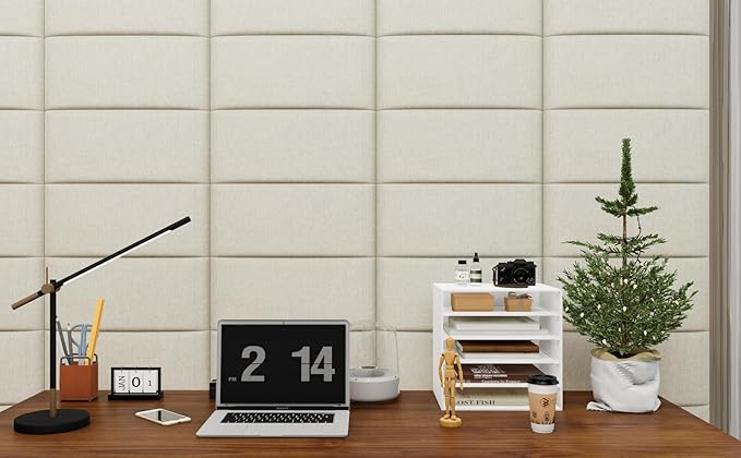 Wall Mounted Peel and Stick Upholstered Headboard, 3D Soundproof Padded Wall Panels for King Size, Soft Tufted Bed Head Board, Reusable Bed Headboard in Beige (12 Panels, 10" x 24")
