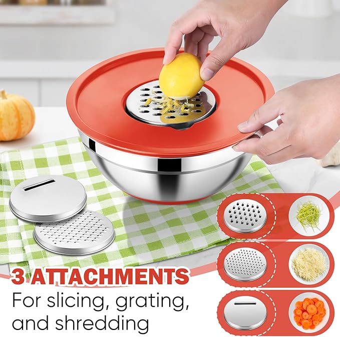E-far Mixing Bowls with Lid Set, 25PCS Stainless Steel Nesting Prep Bowls with Grater Attachments Utensils Non-Slip Bottoms for Cooking, Baking, Serving, Food Storage, 4.6/2.6/2/1.5/1/0.7QT - Red
