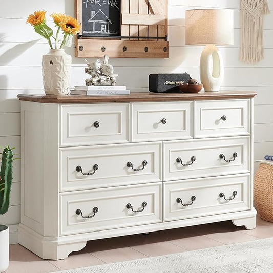 Farmhouse 7 Drawers Dresser for Bedroom, 54" Wide Modern Chest of Drawers with Metal Handle, Farmhouse Dresser TV Stand, Wood Drawer Organizer for Bedroom, Living Room, Hallway (White)