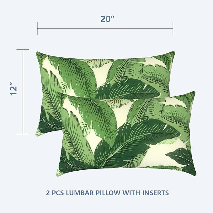 LVTXIII Set of 2 Patio Lumbar Pillows, 12”x20” Fade Resistant Outdoor Lumbar Pillow with Inners, Fluffy Decorative Garden Lumbar Cushions for Home Patio Coach Sofa Use, Swaying Palms Green