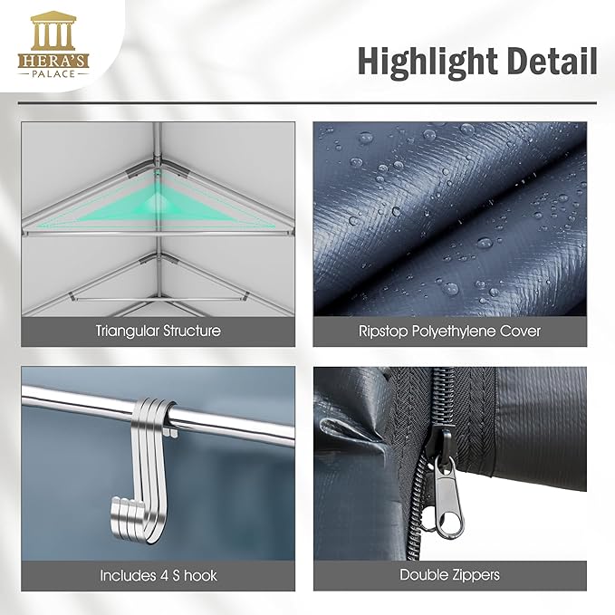 HERA'S PALACE 10x15ft Outdoor All-Season Portable Storage Shelter Shed Car Canopy Carport with 2 Roll up Zipper Doors Garage Kit Tent for Motorcycle Garden Tools