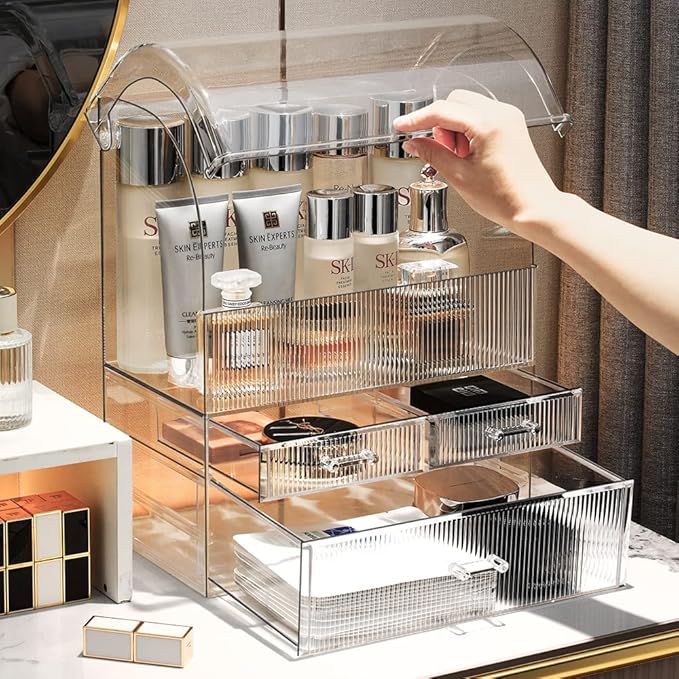 MOOCHI Clear Stripes Pattern Professional Large Cosmetic Makeup Organizer Dust Water Proof Cosmetics Storage Display Case with Drawers