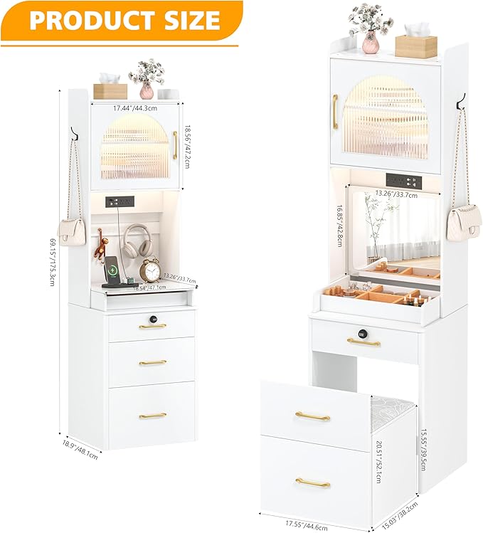 KAMABOKO Vanity Desk with Mirror and Lights, Large Makeup Vanity Table Set with Drawers & Cabinets & Power Outlet, 3 LED Lights Modes Adjustable (029 White)