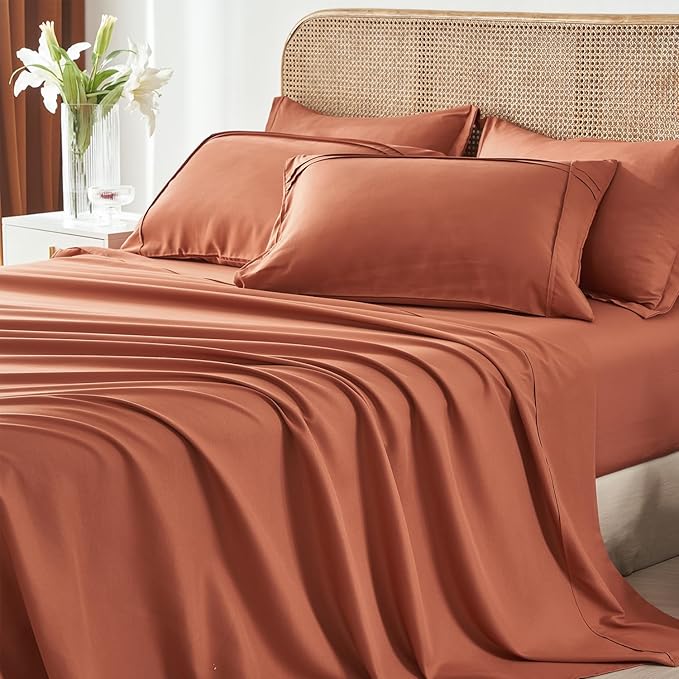 Yogeneg Full Size Comforter Set 7 Piece Bed in a Bag,Grid Pinch Pleat Terracotta Bedding Set,Striped Textured Soft Microfiber Comforter with Sheet Set,All Season Complete Bed Set(Terracotta,Full)