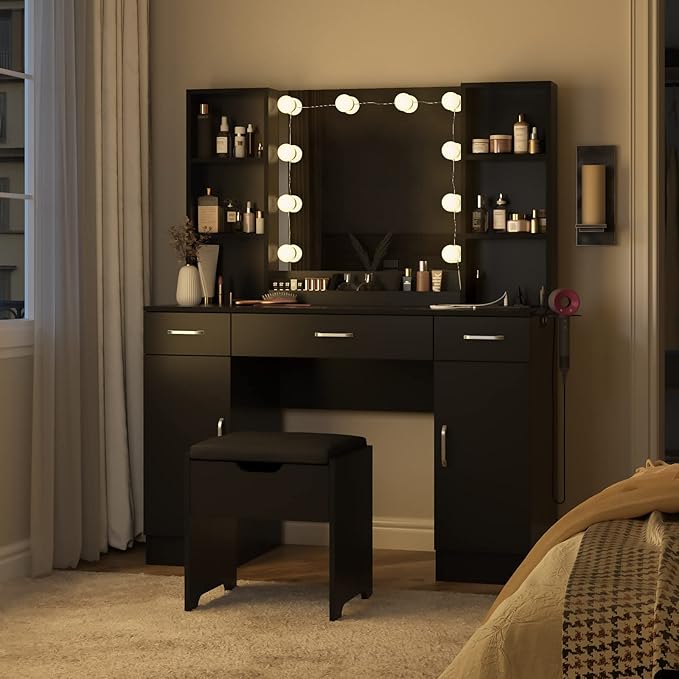 Vabches Makeup Vanity Table with Lighted Mirror & Power Strip, Large Vanity Set Vanity Desk with Lots Storage, 3 Lighting Modes, Brightness Adjustable, 45.2in(Large, Black)