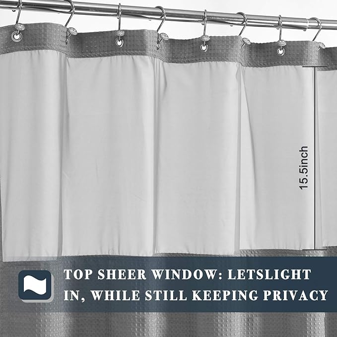 N&Y HOME 48 Inch Waffle Weave Shower Curtain with Snap-in Fabric Liner & 12 Metal Hooks Set - 48" x 72" Shower Stall Size, Hotel Style & Mesh Top Window, Machine Washable - Gray, 48x72