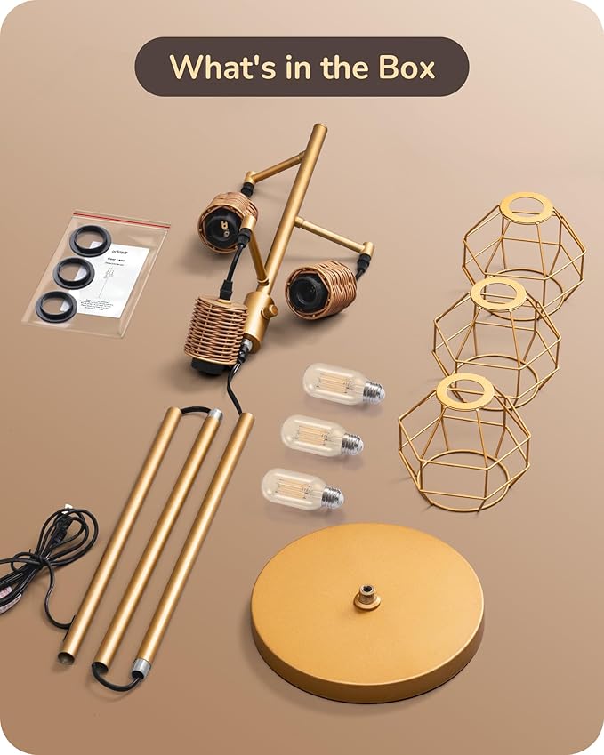 EDISHINE Dimmable Farmhouse Floor Lamp for Living Room, Industrial Standing Lamp with 3 LED Edison Bulbs, Corner Rustic Rattan Tall Tree Reading Lamps Home Decor for Bedroom, Office, Gold