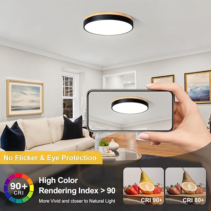 Dimmable Wood LED Ceiling Light, 5CCT 2700K-6000K Modern Black Flush Mount Ceiling Light, Minimalist Round Close to Ceiling Light Fixture for Living Room, Bedroom, Kitchen, 15.74in