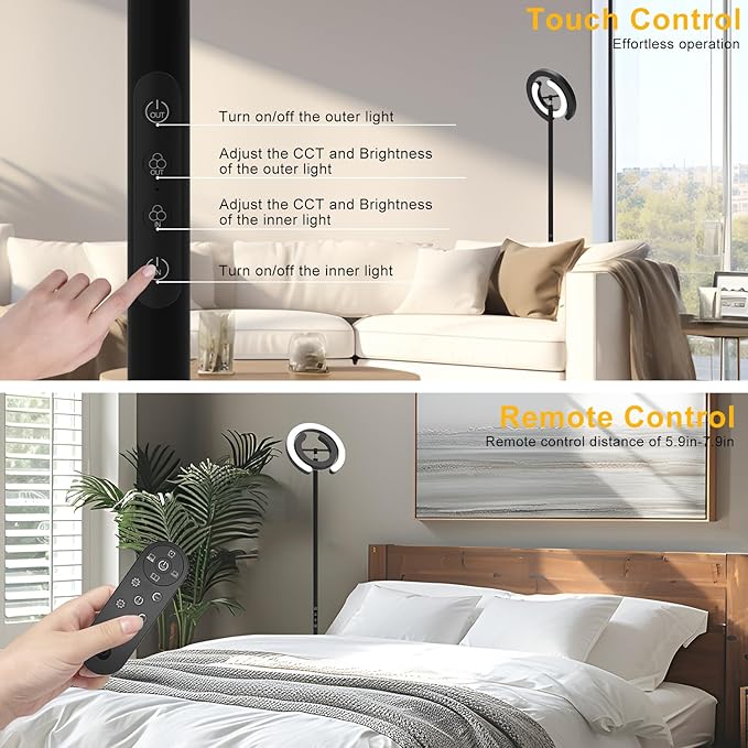 Floor Lamp for Living Room, 75.5 Inch Tall Standing Lamp for Bedroom with 2 312° Rotatable Ring Lights, 36W Bright Stepless Dimmable LED Floor Light with Remote Control for Office Dining Room