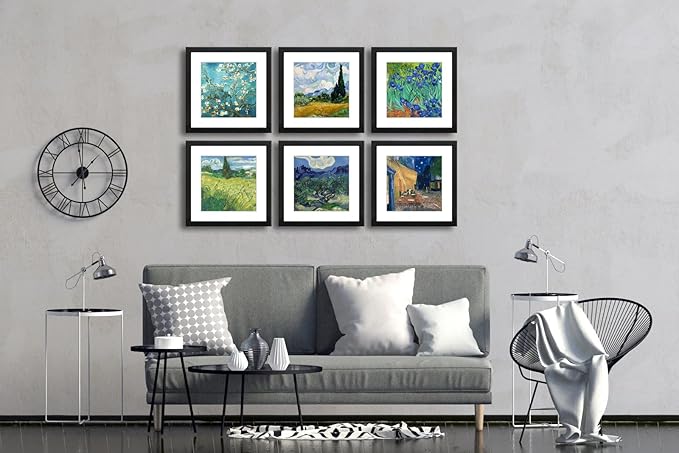 11x11 Picture Frame Set of 6 with Real Glass for Pictures 8x8 with Mat or 11x11 Without Mat, Wall Gallery or Tabletop display Photo Frames in Black