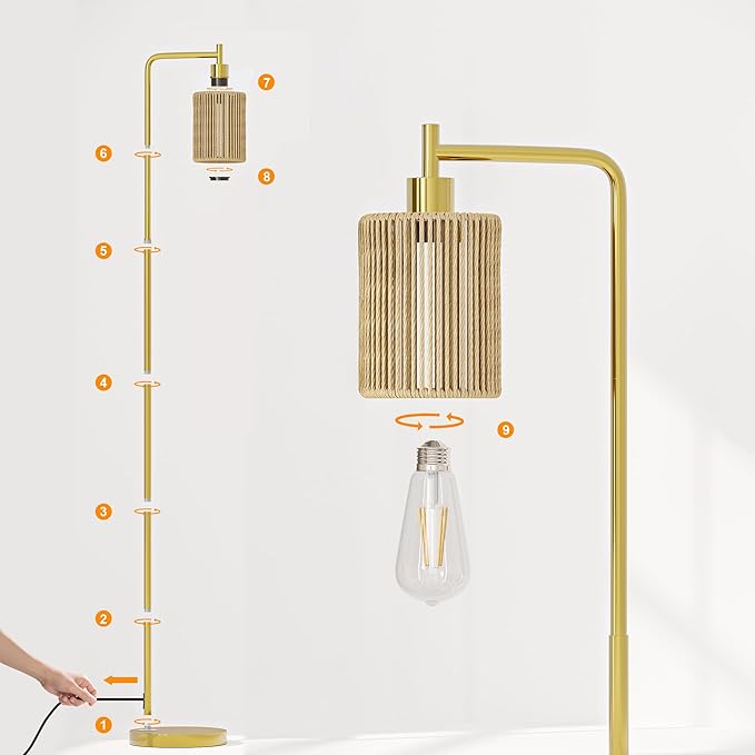 Oneach 66" Gold Floor Lamp for Living Room, Boho Floor Lamp with LED Bulb, Foot Switch, Rattan Shade, Industrial Tall Farmhouse Standing Lamp for Bedroom, Dining Room, Study Room, Office