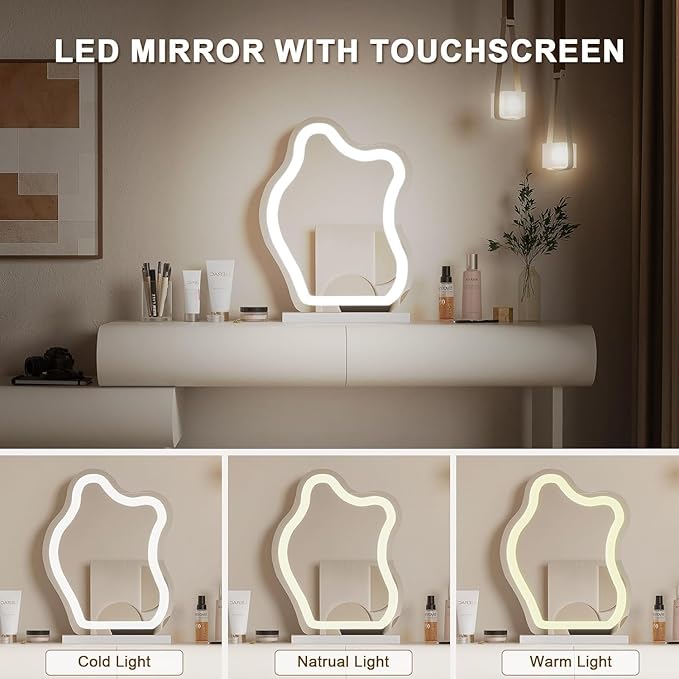 Makeup Vanity Desk with Lighted Mirror and Stool, Faux Leather Upholstered Finish, Modern Dressing Table with 5 Drawers for Bedroom and Makeup Room, Easy Assembly, White