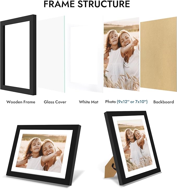 9x12 Picture Frame with Glass, Display Pictures 7x10 with Mat or 9 x 12 without Mat - Wall and Tabletop, 9 by 12 Photo Wooden Frames (Black, 1 Pack)