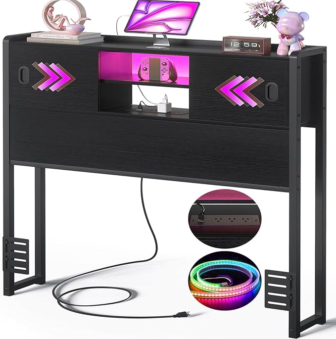 Homieasy Headboard for Twin Size Bed with Storage, Sturdy Bookcase Headboards with Outlet, USB & LED Light, Twin Size Headboard Only, Head Board with Sliding Doors & Bed Adapter for Bedroom, Black