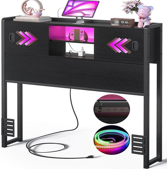 Homieasy Headboard for Twin Size Bed with Storage, Sturdy Bookcase Headboards with Outlet, USB & LED Light, Twin Size Headboard Only, Head Board with Sliding Doors & Bed Adapter for Bedroom, Black