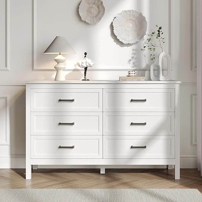 Farmhouse 6 Drawers Dresser for Bedroom, Wood Rustic Wide Chest with Natural Texture, Storage Dressers Organizer for Bedroom, Hallway, Entryway, White