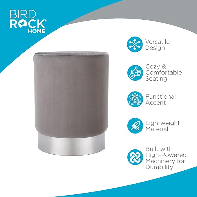 BIRDROCK HOME Round Ottoman Foot Stool – Soft Padded Modern Stool Design – Ideal for Living Room, Bedroom – Compact Footrest, Vanity Chair, Small Furniture – Foam Seating, Decorative Accent (Grey)