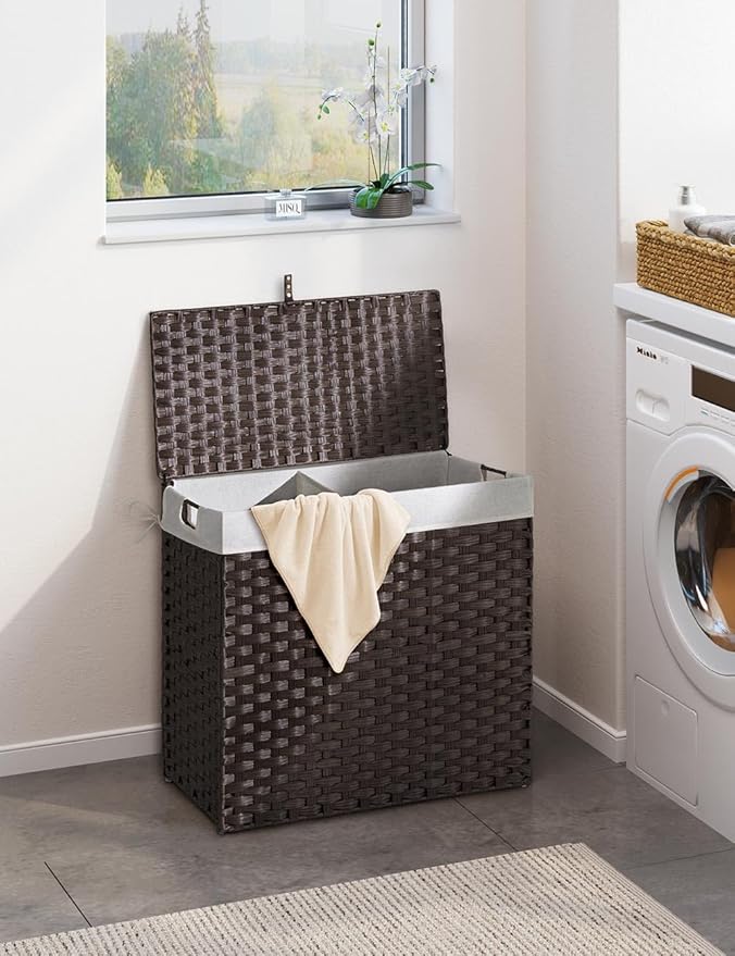 Greenstell Laundry Hamper with lid, No Install Needed, 130L Wicker Laundry Baskets Foldable 2 Removable Liner Bags, 2 Section Clothes Hamper Handwoven Rattan Laundry Basket with Handles, Brown