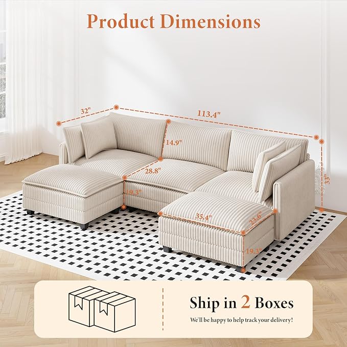 Vesgantti 109" U Shaped Cloud Sectional Sofa, Comfy Corduroy Upholstered Sectional Modular Sofas for Living Room, Modern Modular Couch with 2 Ottoman Deep Seat, Beige