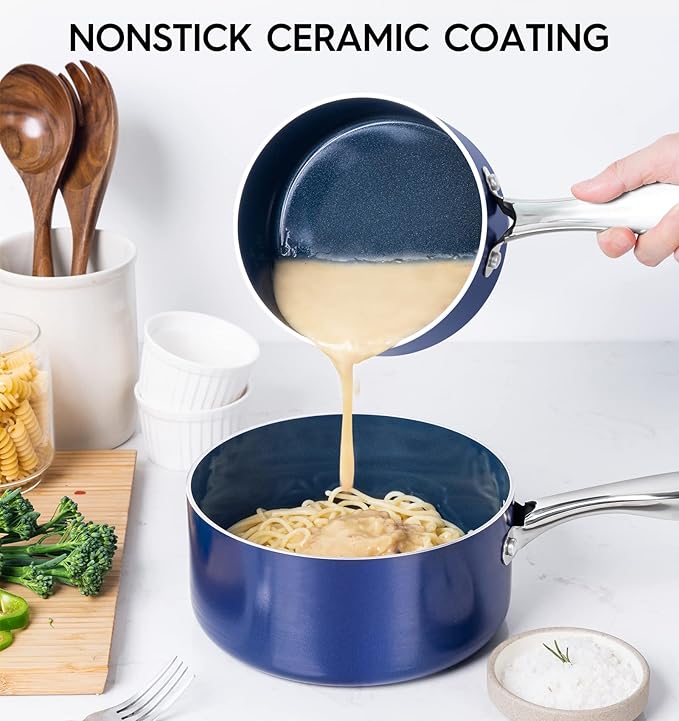 MICHELANGELO Sauce Pan Sets, Ceramic Saucepans with Lids, 1Qt & 2Qt & 3Qt Sauce Pans with Lid, Nonstick Saucepan Set, Small Pot with Stainless Steel Handle, Oven Safe, Blue