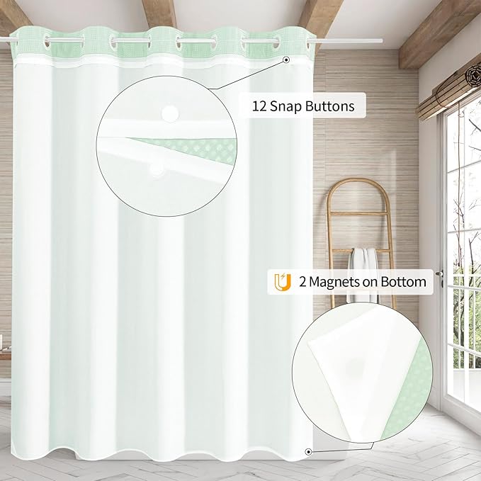 MitoVilla No Hooks Needed Green Waffle Shower Curtain with Snap-in Liner, Modern Waffle Weave Heavy Duty Fabric Cloth Shower Curtain for Luxury Neutral Hotel Spa Bathroom Decor, 72 x 74, Mint Green