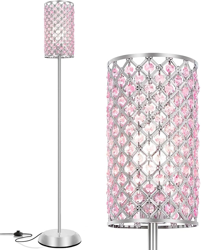 Crystal Floor Lamp for Bedroom, Living Room Pink Floor Lamps Modern Tall Lamp with On/Off Foot Switch Glam Standing Light for Girls Bedroom Minimalism Pole Corner Lamp for Office Dorm Hotel