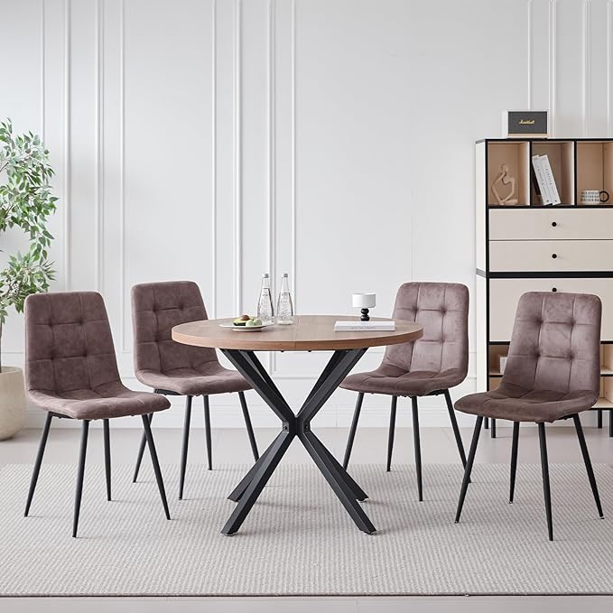 39" Round Dining Table Set for 4, Mid Century Kitchen Table with 4 Faux Leather Dining Chairs for Apartment Living Room Space Saving