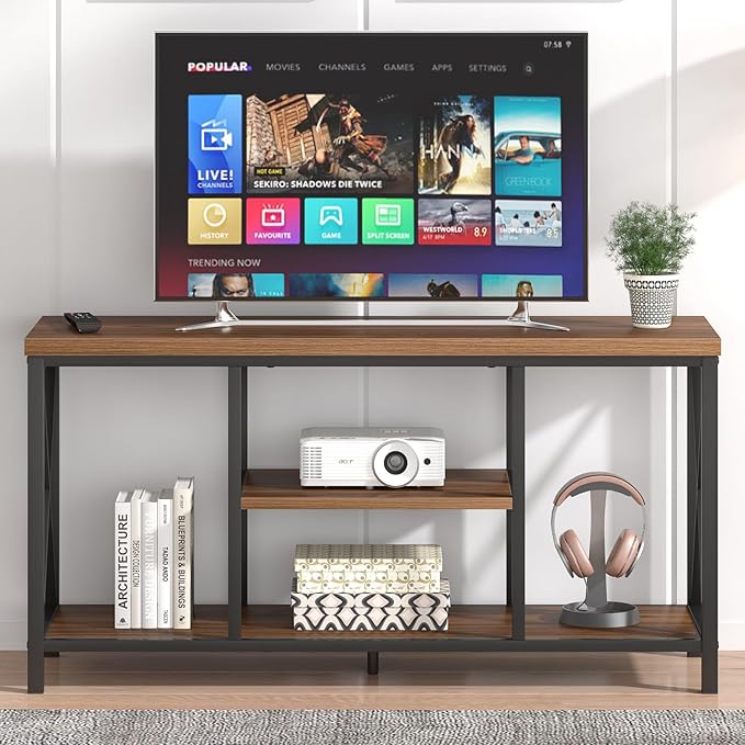 FOLUBAN Modern Entertainment Center for TVs up to 55 Inch, Rustic Wood Television Stands, Industrial TV Console and TV Cabinet for Living Room Bedroom, 47 Inch Rustic Walnut