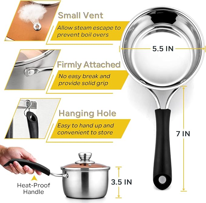 E-far 1 Quart Saucepan with Lid, Stainless Steel Small Sauce Pot with Glass Lid for Cooking, Easy Clean & Rust Free, Dishwasher Safe