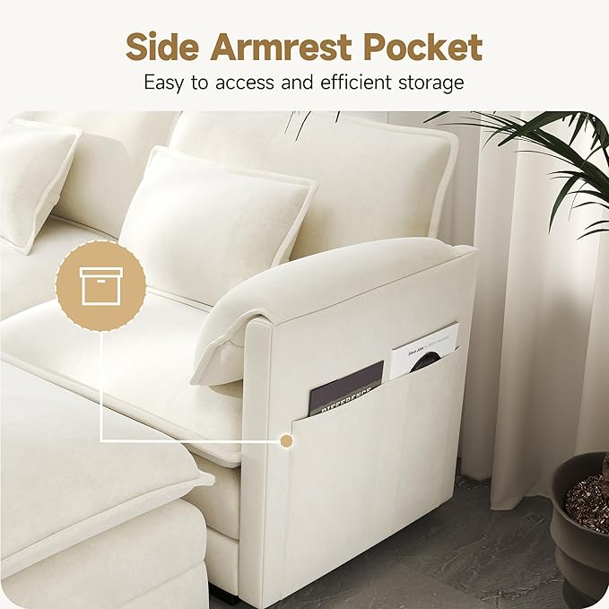 Real Relax 111'' Modular Sectional Sofa, U Shaped Chenille Convertible Couch with Movable Ottoman, 6 Pillows and 2 Armrest Pillows for Living Room, Office and Leisure Places, Beige