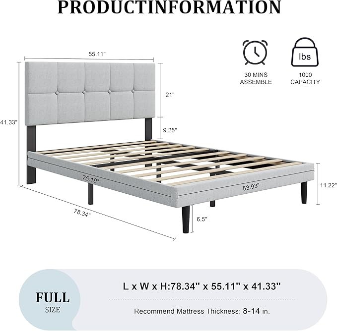 Full Size Bed Frame, Full Size Platform Bed Frame with Headboard, Fabric Upholstered Headboard, Sturdy Wood Slats, No Noiseless, No Springs Required, Easy to Assemble, Gray