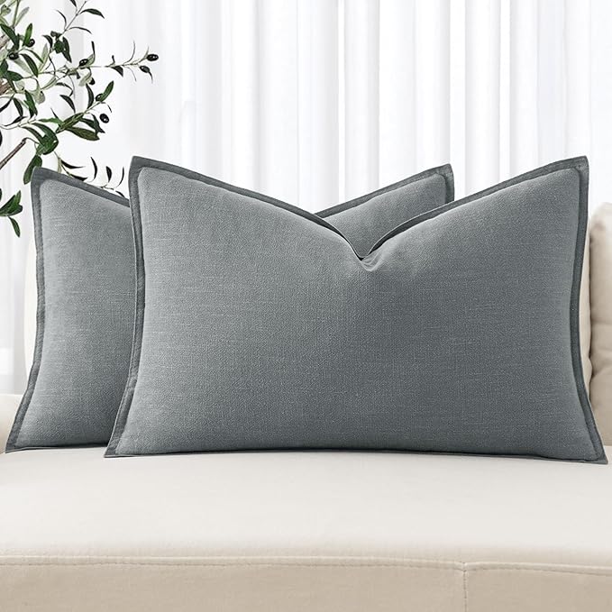 MIULEE Decorative Linen Lumbar Pillow Covers 12x20 Inch Gray Boho Farmhouse Neutral Couch Throw Pillows for Bed Pack of 2 Accent Modern Pillowcase Sofa Livingroom Home Decor