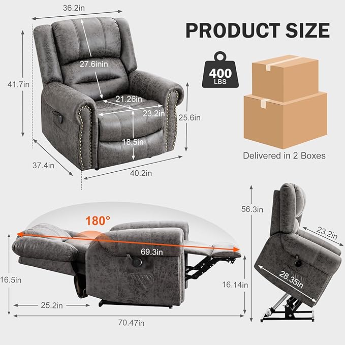 CDCASA Dual Motor Lay Flat Lift Chairs Recliners for Elderly with Massage and Heat, Breathable Leather Infinite Position Large Sleeping Electric Power Lift Chair Recliner, Set of 2, Grey