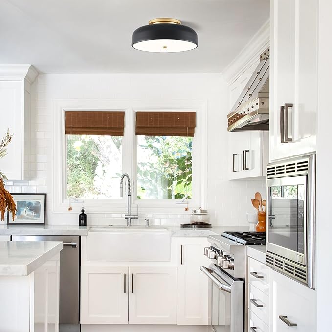 Dimmable LED Ceiling Light Fixture, 2700K-6000K 5CCT Modern Mid-Century Semi Flush Mount Ceiling Light, Black Close to Ceiling Lamp for Kitchen, Laundry Room, Bedroom, Hallway, 11.8in