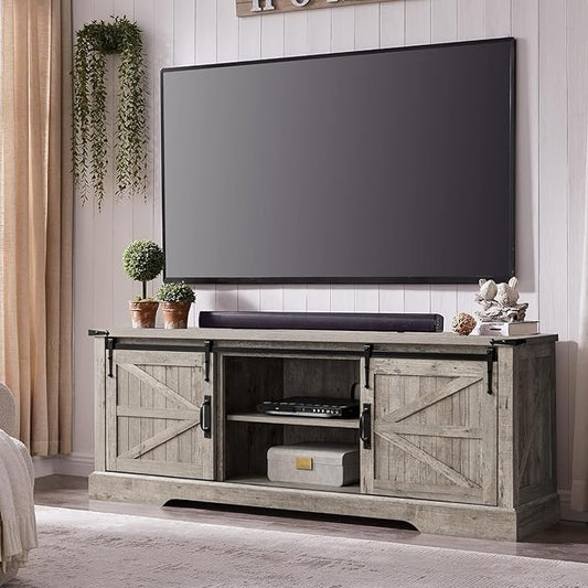 OKD Farmhouse TV Stand for 75 Inch TV, Rustic Entertainment Center w/Sliding Barn Door Wood Media Console Cabinet 66 Inch Long Television Stands for 70 Inch TVs, Light Rustic Oak